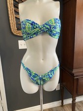 Vintage Size 8 90s Neon Green Blue Paisley V Cut Twist Front Bikini Top Bottom