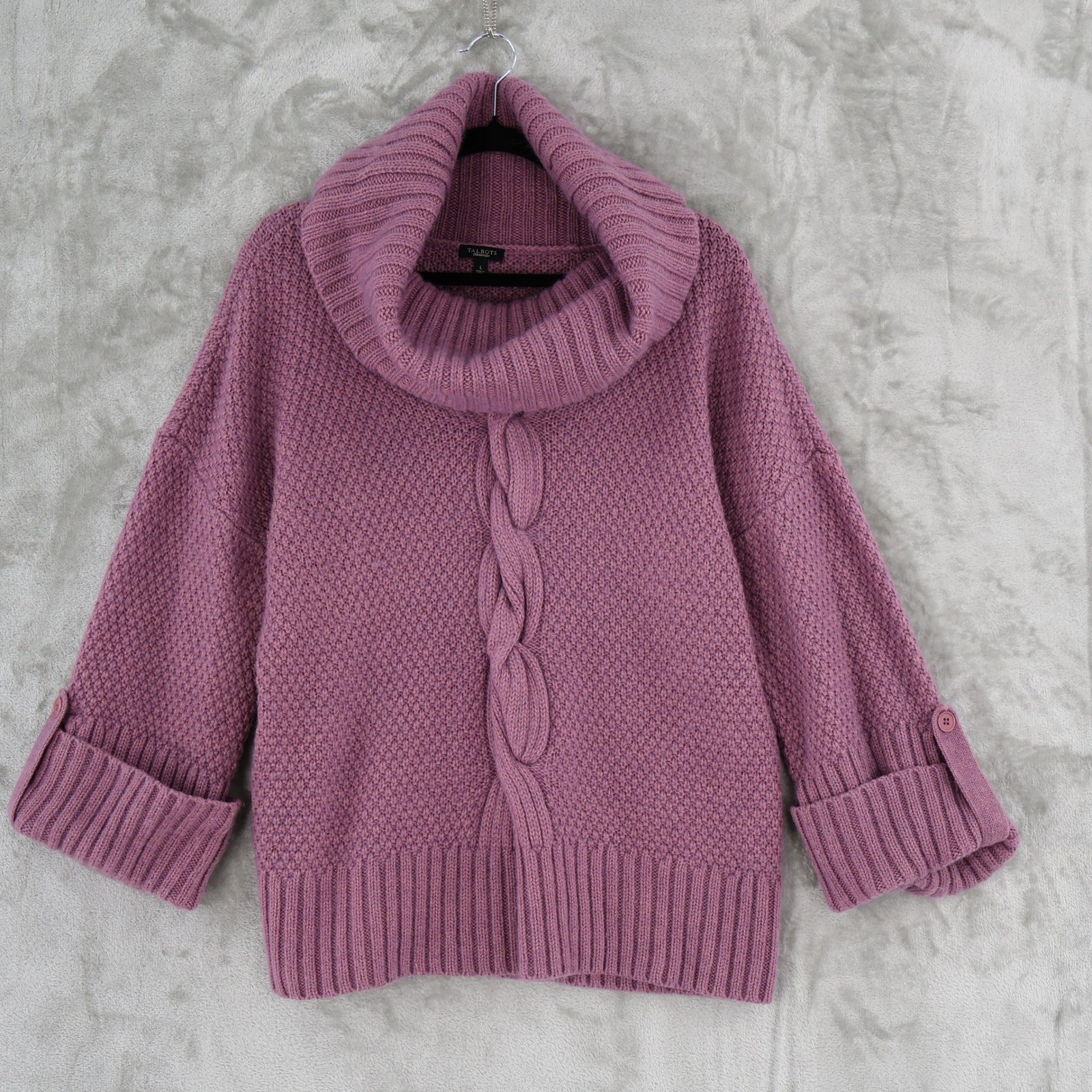 Talbots Wool Alpaca Blend Cowl Neck Cable Knit Sweater Womens L Purple Chunky