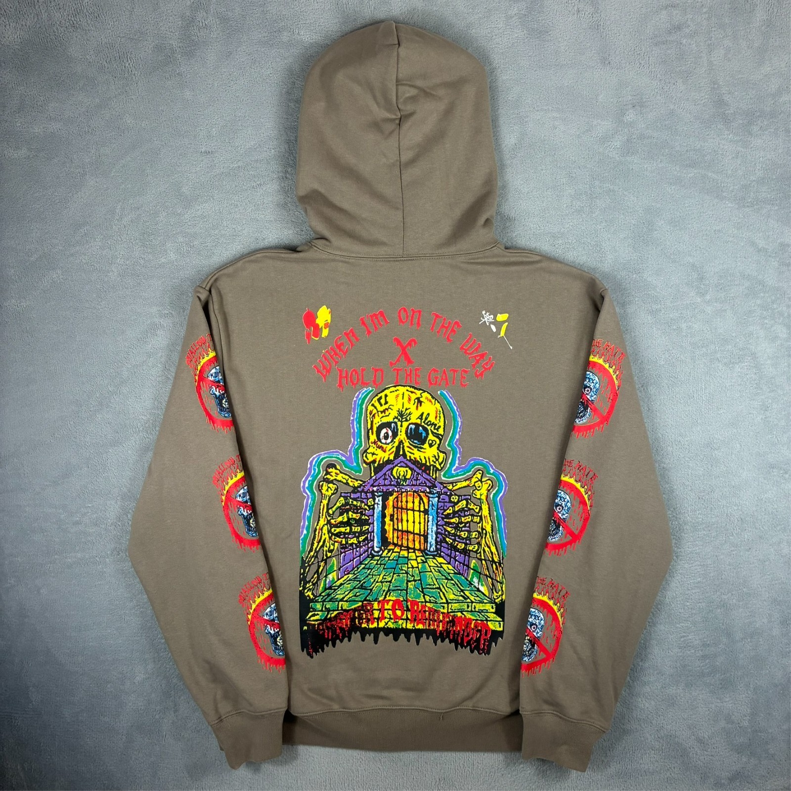Vintage Beige Skull Alt Gothic Graphic Heavyweight Oversized Medium Hoodie image 8