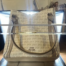 Jones New York Beige Logo Tote with Zip Closure, Gold Hardware, Inner Pockets