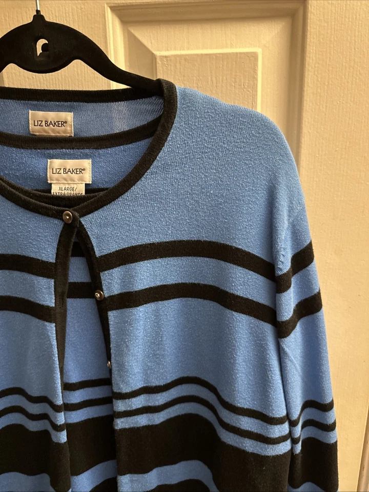 Cárdigan tejido Liz Baker vintage años 90 azul negro rayas 2 piezas talla XL Foto 4 de 4