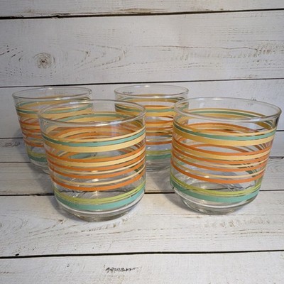 Vintage 1970 s Libbey striped juice glasses Set of 4 -orange yellow teal striped