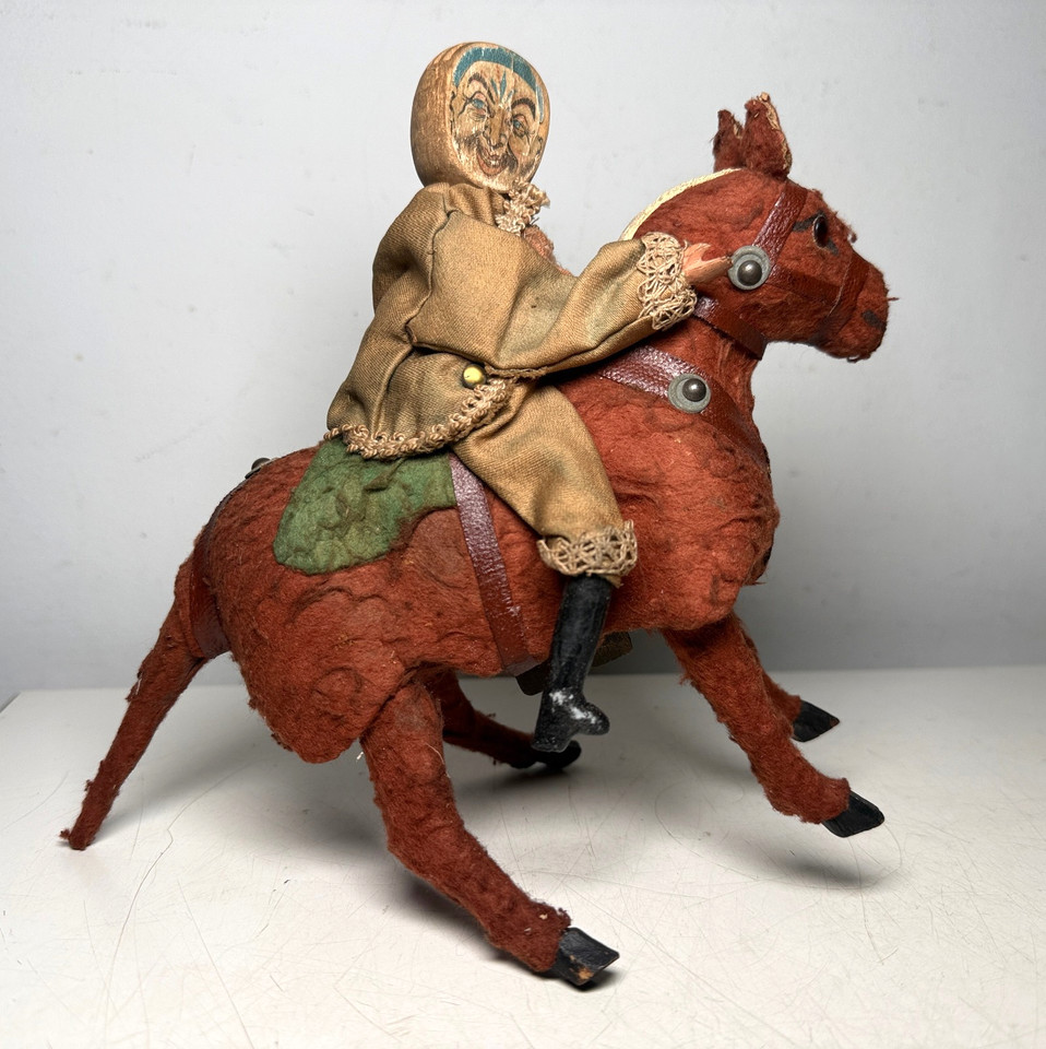 ANTIQUE VTG MECHANICAL TOY JUMPING HORSE w RIDER AUTOMATON WIND UP FELT FOLK ART