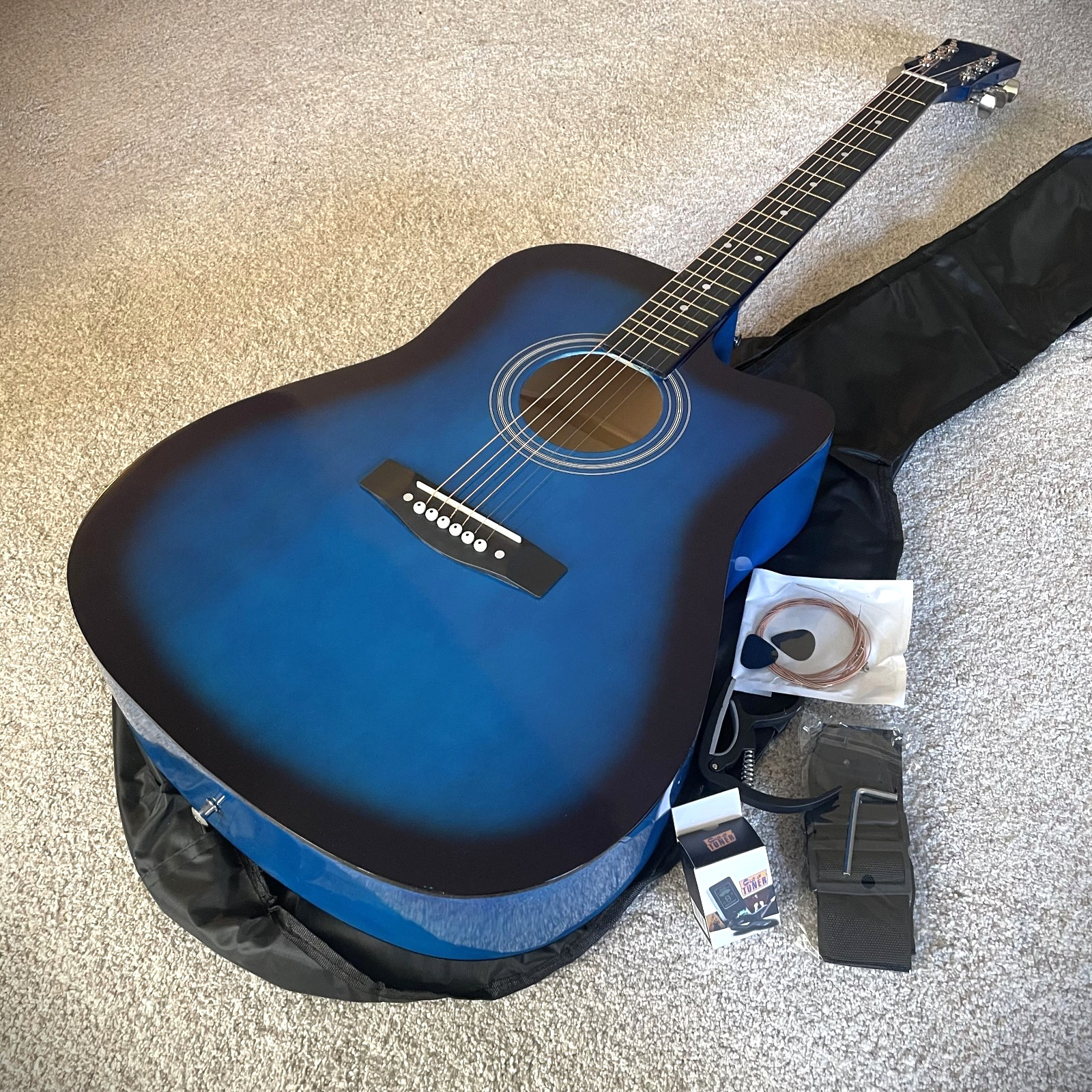 Full-Size Blue Acoustic Guitar Starter Package with Gig Bag and Accessories