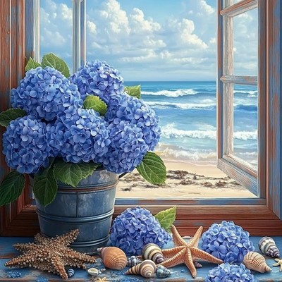 Window Side Hydrangea Diamond Art Kits for Adults,Seaside Diamond Painting Ki...