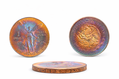 #ad 1982 Mexico Onza Libertad .999 Silver FIRE RING RAINBOW TONING $425.00