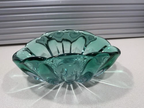 DAZZLING C.1960s Alfredo BARBINI MURANO Teal Color Sommerso Ribbed Glass Bowl