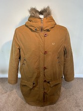 Fred Perry Brown Parka Longcoat Button Up Full Zip Womens Jacket Size Uk 12