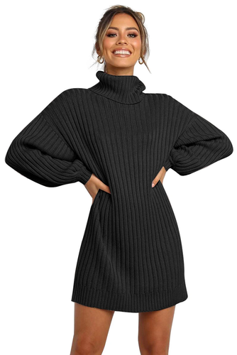 Women Black Turtleneck Balloon Sleeve 