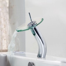 Chrome Glass Bathroom Basin Faucet Waterfall Spout Deck Mounted Mixer Sink Taps