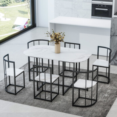 Modern 7-Piece Dining Table Set with Faux Marble Compact 55Inch