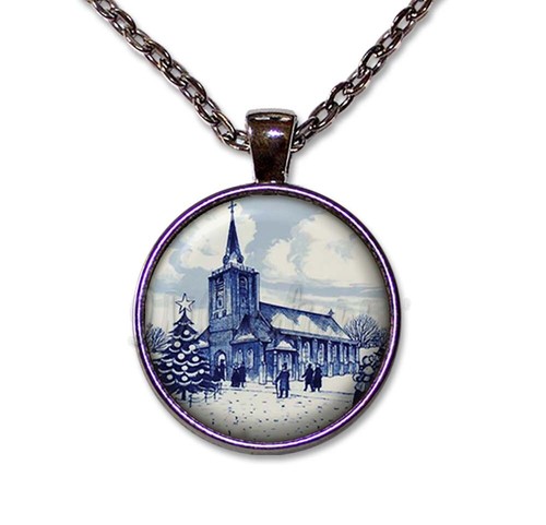 Holiday Winter Church Delft Dutch Victorian - ROUND Glass Pendant Necklace - Picture 9 of 10