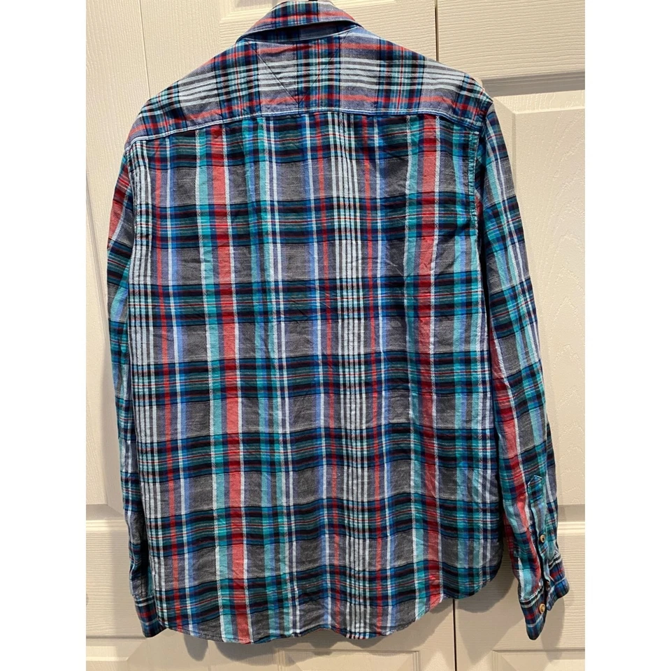 Camisa grande flanela Tommy Hilfiger, manga longa, azul água vermelho preto, algodão - Imagem 2 de 4