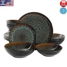 16 Piece Double Bowl ＆ Plate Dinnerware Set Service 4 Stoneware Reactive Glaze