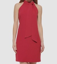 Vince Camuto Women's Red Bow-Detail Stretch Halter-Neck Shift Dress Size 14