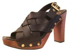 TORY BURCH JODIE BROWN WOVEN GOLD BUCKLE STUDDED CLOGS 9.5 10 I LOVE SHOES FR