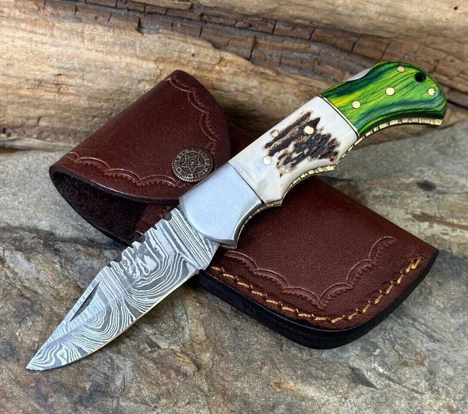 Handmade Damascus Steel Folding Knife Stag Horn & Wood Handle w/ Sheath - Image 4 of 4