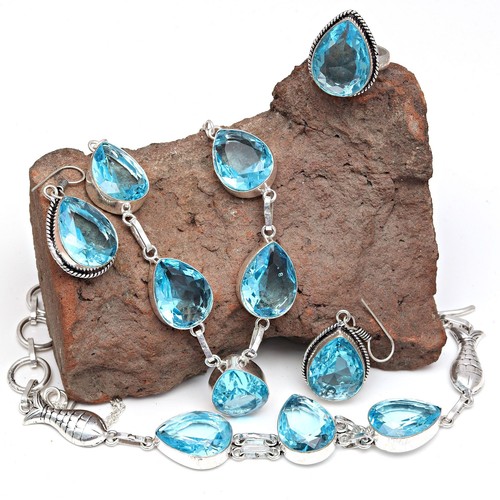 Topaz Blue London Jewelry Set Gemstone Necklace Gift Sterling - Picture 3 of 10