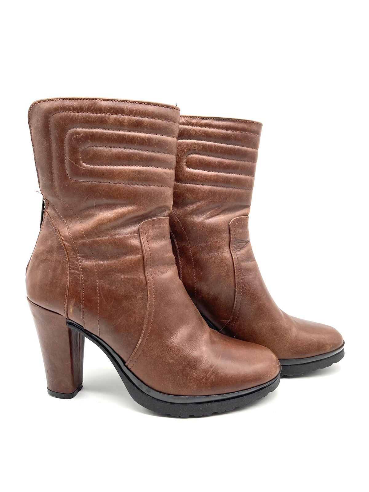 SAOLA Stivali Aquatalia Cognac in pelle marrone taglia 7 trapuntati metà polpaccio tacco alto blocco suola a strappo