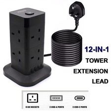 12 Way Tower Power Extension Lead with 4 USB UK Plug -Multi Socket Surge Protect