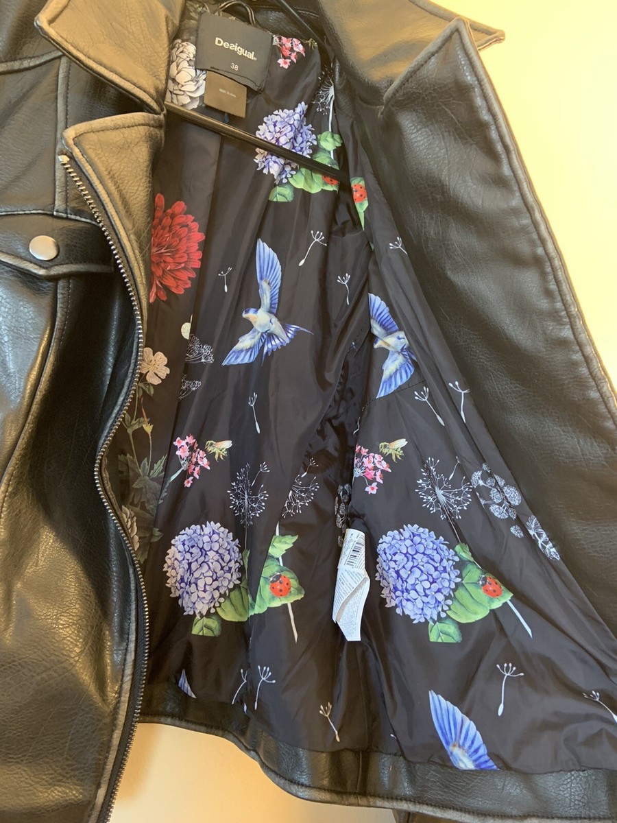 DESIGUAL Faux Leather Embroidered Moto Jacket SZ 38 | eBay