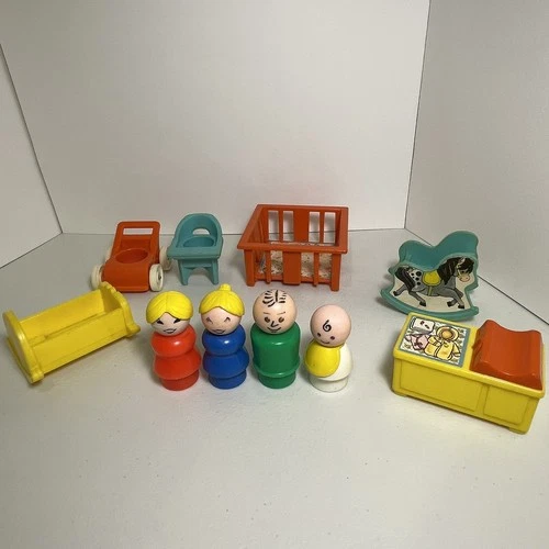 10 pcs Vintage Fisher Price Little People Nursery Furniture and Baby 1972