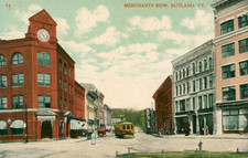 Postcard Merchants Row, Rutland, Vt. Store Fronts, Street Car