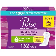 Poise Incontinence Panty Liners Very Light Long 132 Count