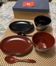 "Unused" Sone Kogei Echizen Lacquerware Free Cup, Oval Plate, Spoon, Pair Set