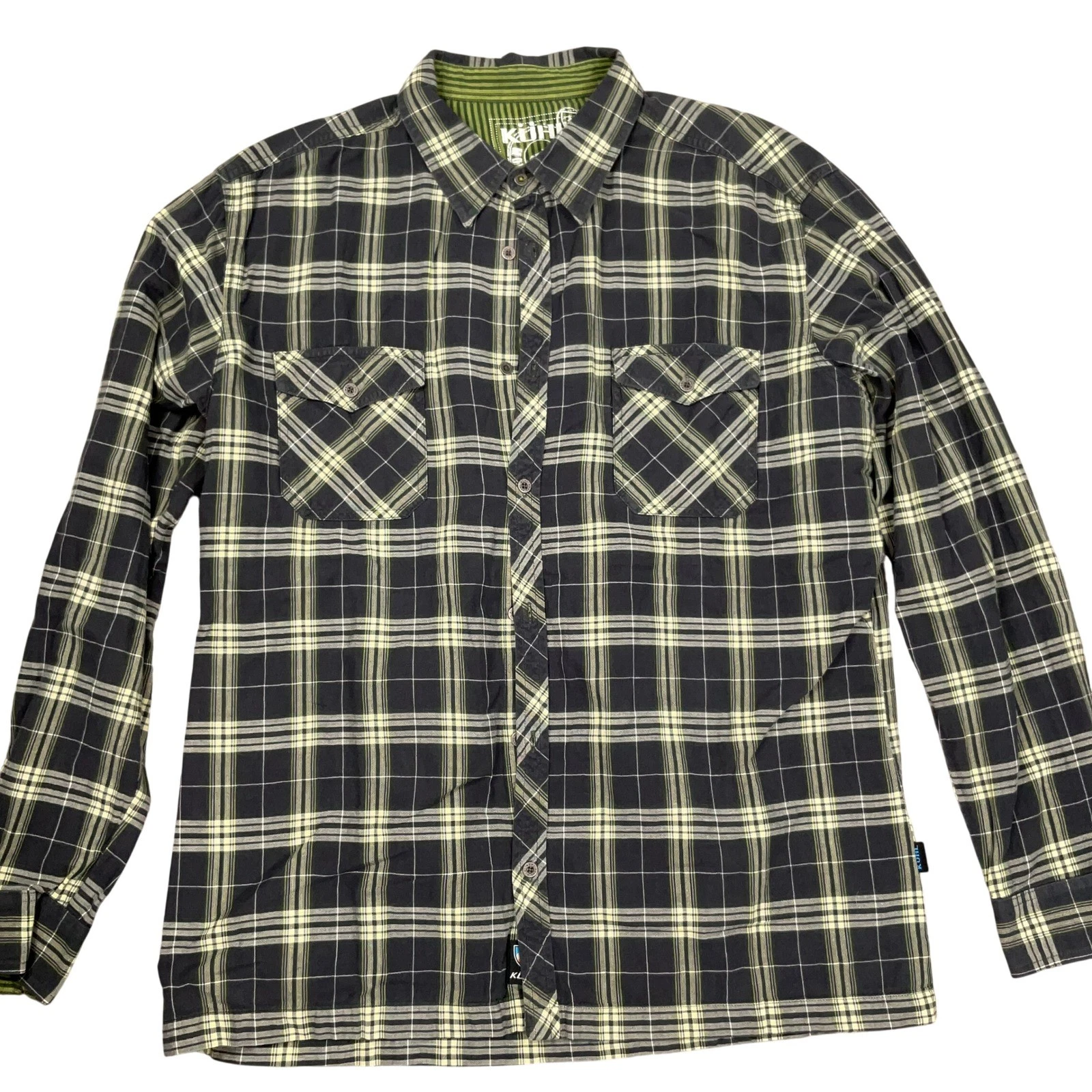 Kuhl Shirt Mens XLarge Black Green Plaid Mountain Grown Flannel Outdoor Cotton