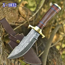Custom Handmade Damascus Rain Pattern Steel Bowie Hunting Knife Wood Handle