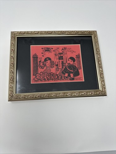 VTG Mid century Spainish Cartoon Art Print Manila Clargh Red Black Dancer Framed