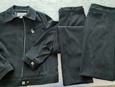 VINTAGE 3-PIECE DONCASTER BLACK SUEDE CLOTH SUIT, JACKET, SLACKS, SKIRT, SIZE 14