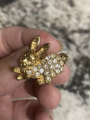Avon Vtg Gold and Rhinestone Rabbit Pin Brooch, 1993 Spring Easter