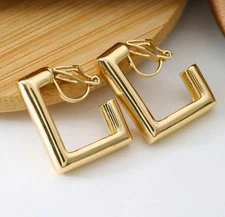 Clip on 1" shiny gold square open back earrings