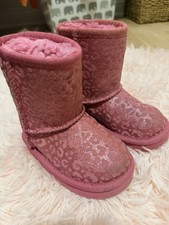 UGG Girls' Pink Glitter Animal Print Mid-Calf Snow Boots Lined Flat Rubber Toe