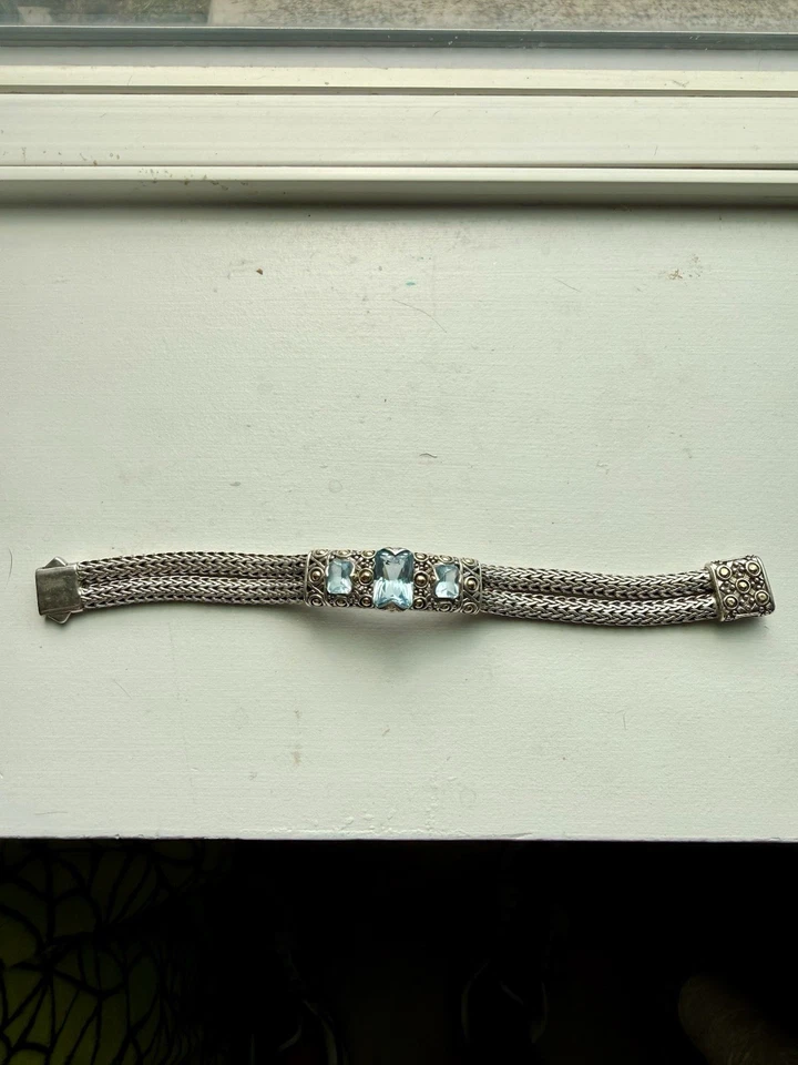 Brazalete de cadena clásico de oro de .925 y 18 quilates John Hardy con topacio azul - raro vintage Foto 2 de 4