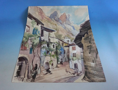 Aquarell Albert Kneissler Stadt Winkel aus Limone Garda Gardasee 1952 (F026-037)