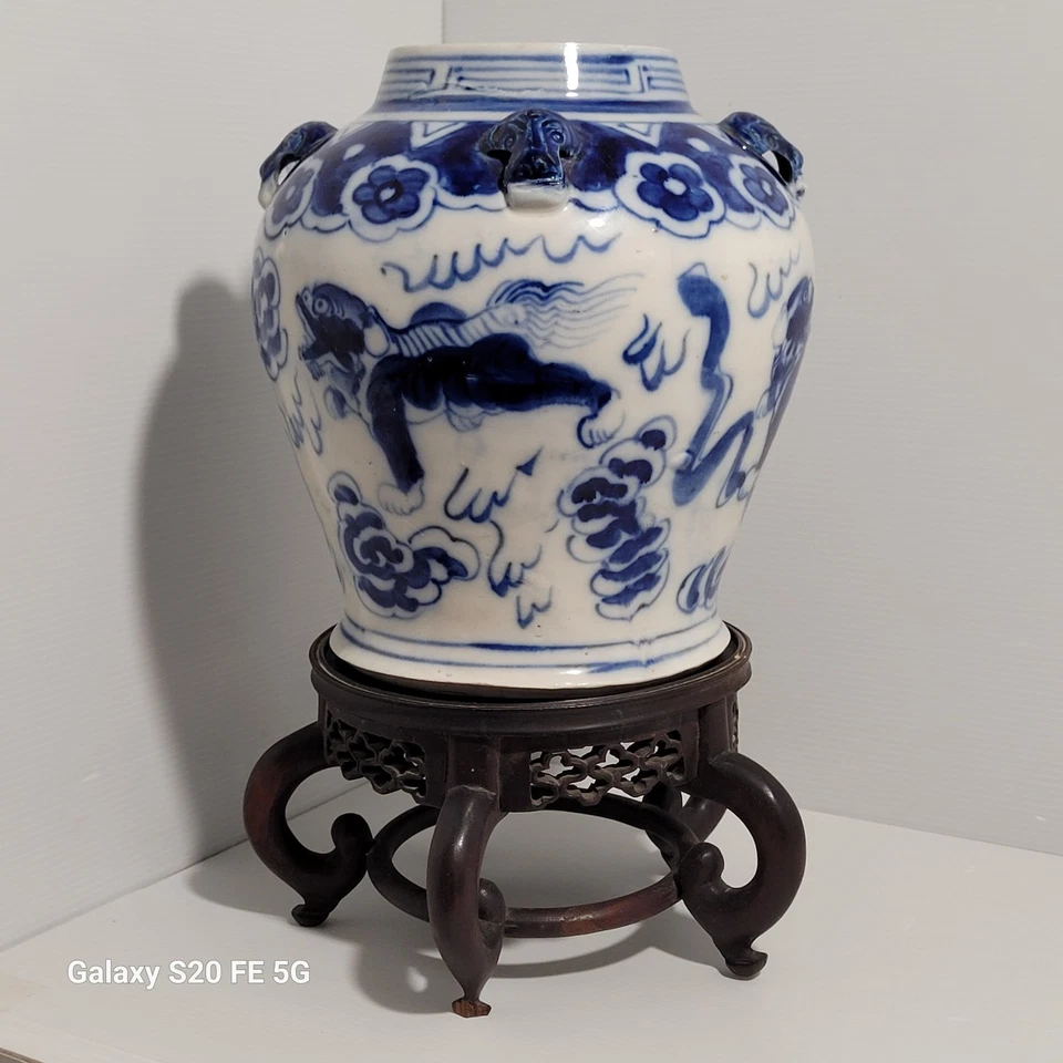 pot chinois Porcelaine Bleu Blanc Chien De Fo Ancien " Fel ". - Photo 4/4