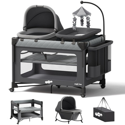 Pack and Play with Bassinet - 7 in 1 One-Step Setup Bedside Crib, Portable Playp