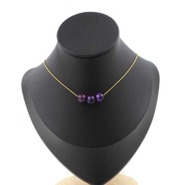 Halskette 3 Perlen Tigerauge Violett 8 Mm. Kette Stahl Golden Halskette Damen-image
