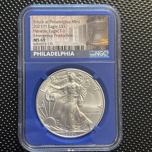 2021 P Silver NGC MS-69 Heraldic Eagle T-1 Emergency production  BLUE CORE