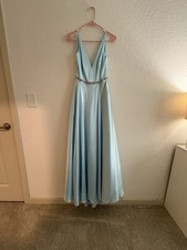 David's Bridal Light Blue Satin V-Neck Sleeveless Floor Dress Beaded Waist