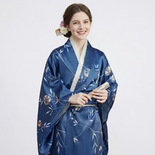Women Japanese Kimono Polyester Yukata Geisha Costume Robe with Obi One Size