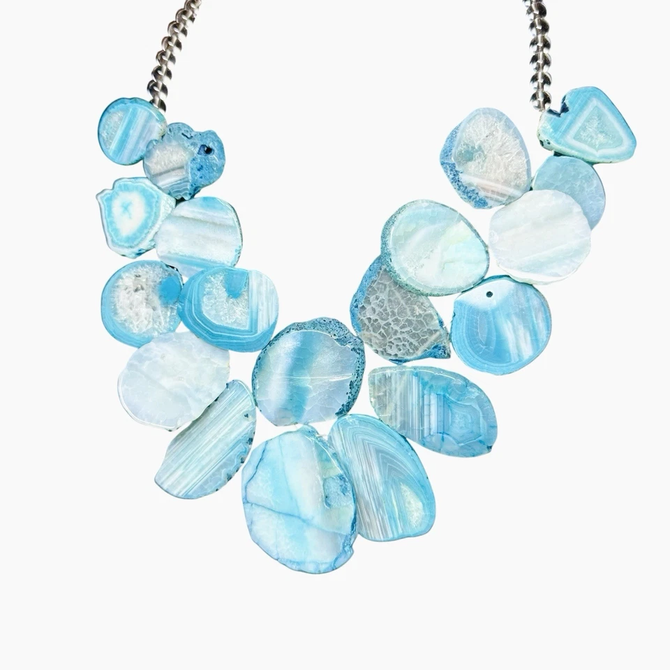 Enorme collar de plata de ley 925 con rodajas de cristal de cuarzo geoda ágata azul BARSA Foto 2 de 4