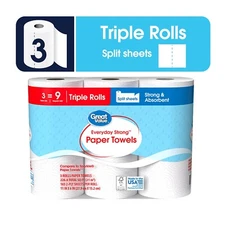 Great Value Everyday Strong Paper Towels, Split Sheets, 3 Triple Rolls