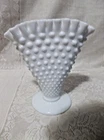 VINTAGE FENTON HOBNAIL MILK GLASS FAN VASE WITH RUFFLED EDGE UNMARKED