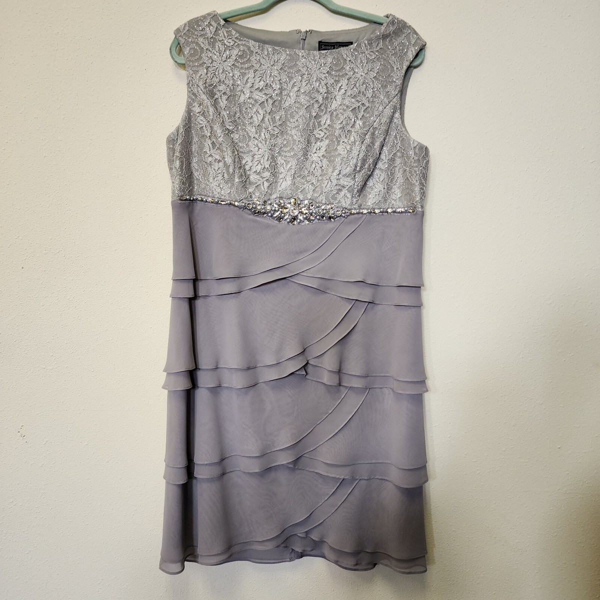 Jessica Howard Dress 16 Gray Lacy Babydoll Tiered Scalloped