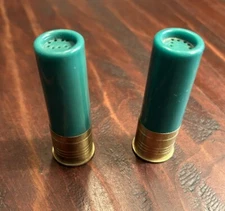 Vintage 1958 Pachmayr Green Shotgun Shell Shaped 2.5” Salt & Pepper Shakers; USA