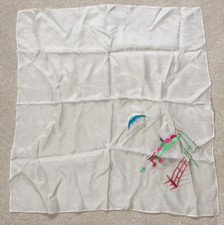 Vintage White Silk Scarf Embroidered Pagoda Scene 27" x 25 1/2" FREE SHIP
